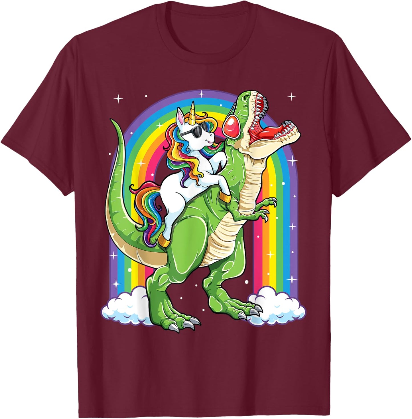 Unicorn Riding Dinosaur T rex Boys Girls Men Women Rainbow T-Shirt - T-Shirt | Maroon