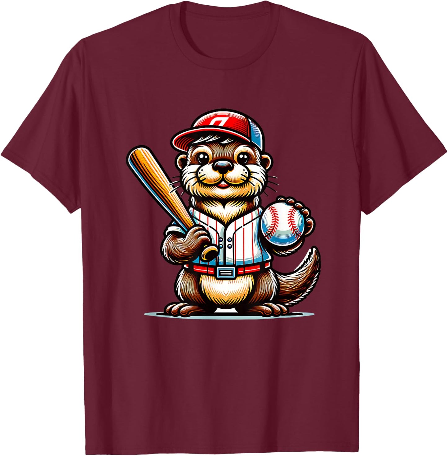 Otter Playing Baseball Funny Sport Design T-Shirt - T-Shirt | Maroon