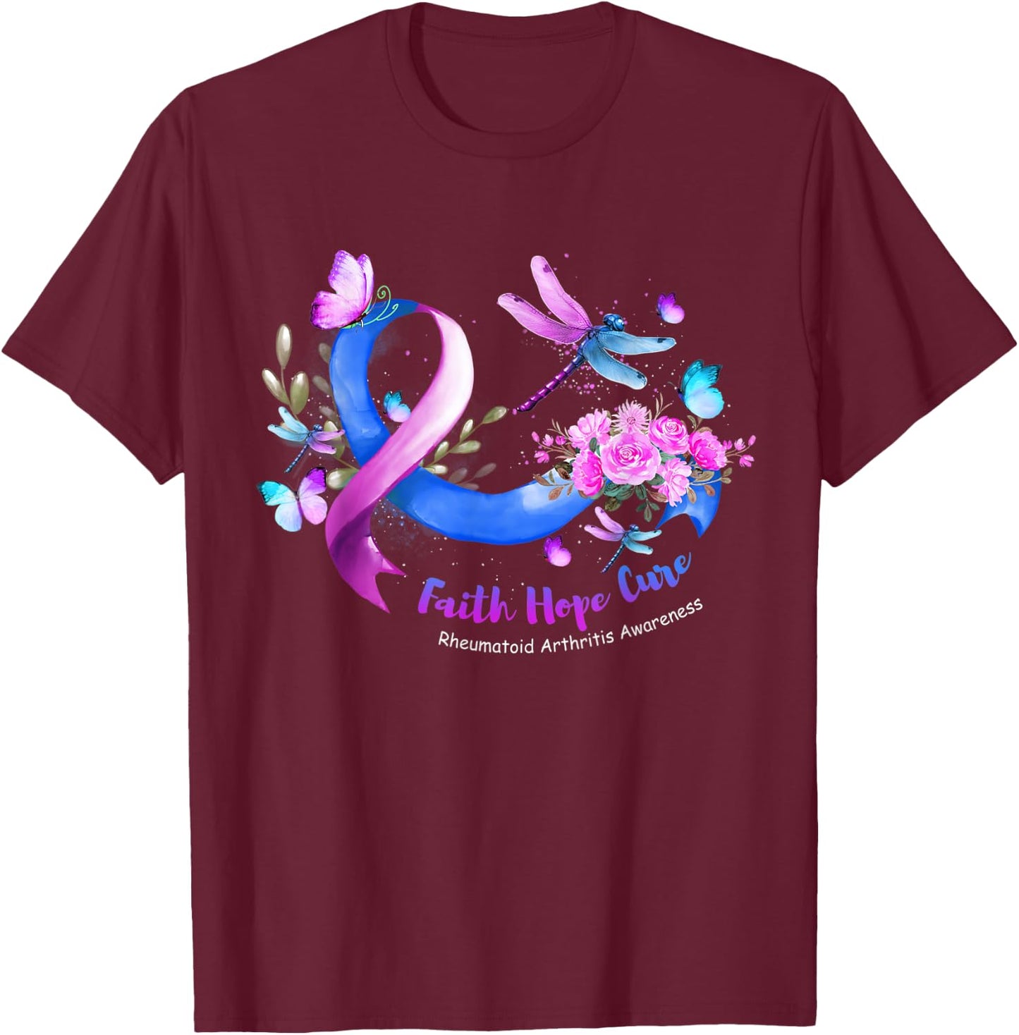 Faith Hope Cure Dragonfly Rheumatoid Arthritis Awareness T-Shirt - T-Shirt | Maroon