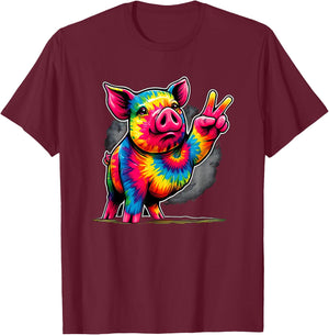 Peace Sign Tie Dye Pig T-Shirt - T-Shirt | Maroon