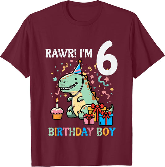 Kids Rawr Im 6 Dinosaur Birthday Boy Cute 6th Bday Trex Boys Kids T-Shirt - T-Shirt | Maroon