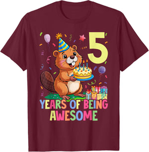 Beaver 5th Birthday for Kids Five Year Old Beaver T-Shirt - T-Shirt | Maroon