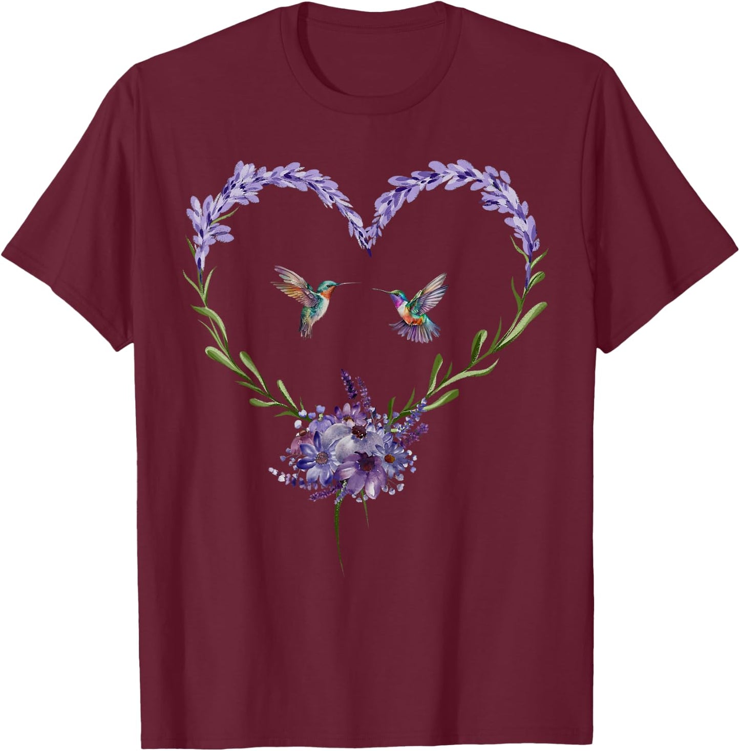 Hummingbird Lavender Flower Heart Botanical Nature Lover T-Shirt - T-Shirt | Maroon
