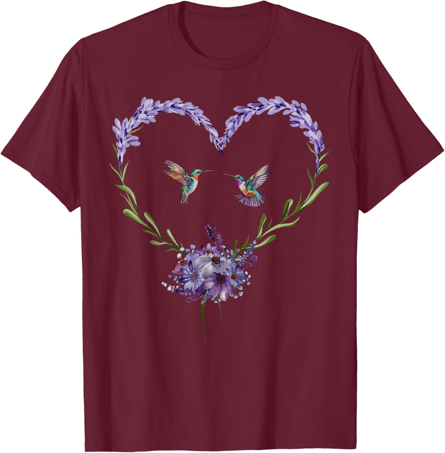 Hummingbird Lavender Flower Heart Botanical Nature Lover T-Shirt - T-Shirt | Maroon