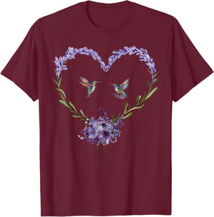 Hummingbird Lavender Flower Heart Botanical Nature Lover T-Shirt - T-Shirt | Maroon