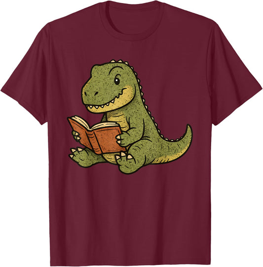 T-Rex Dinosaur Reading Book Nerd T-Shirt - T-Shirt | Maroon