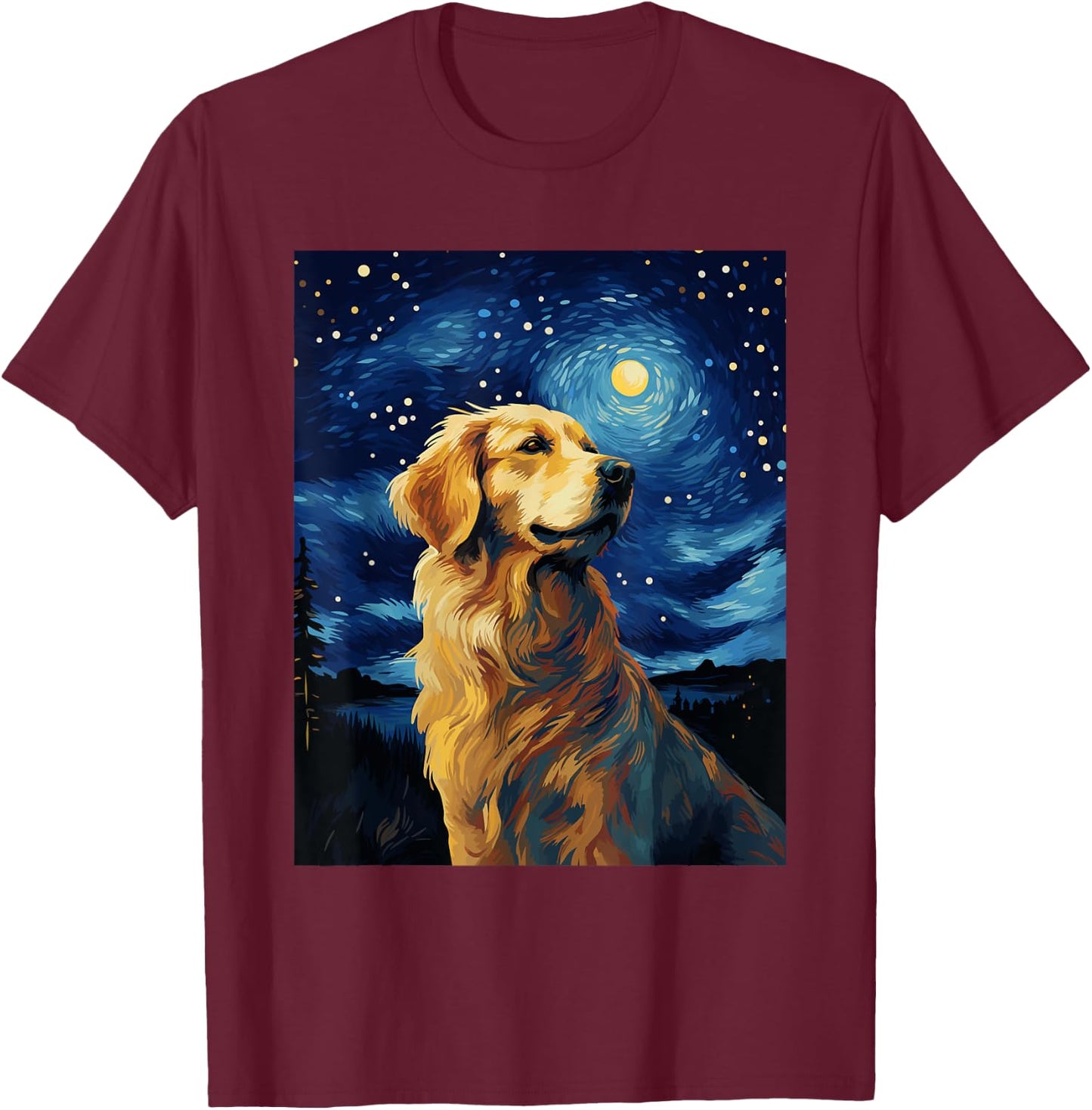 Golden Retriever Dog Starry Night Van Gogh Men Women Kids T-Shirt - T-Shirt | Maroon