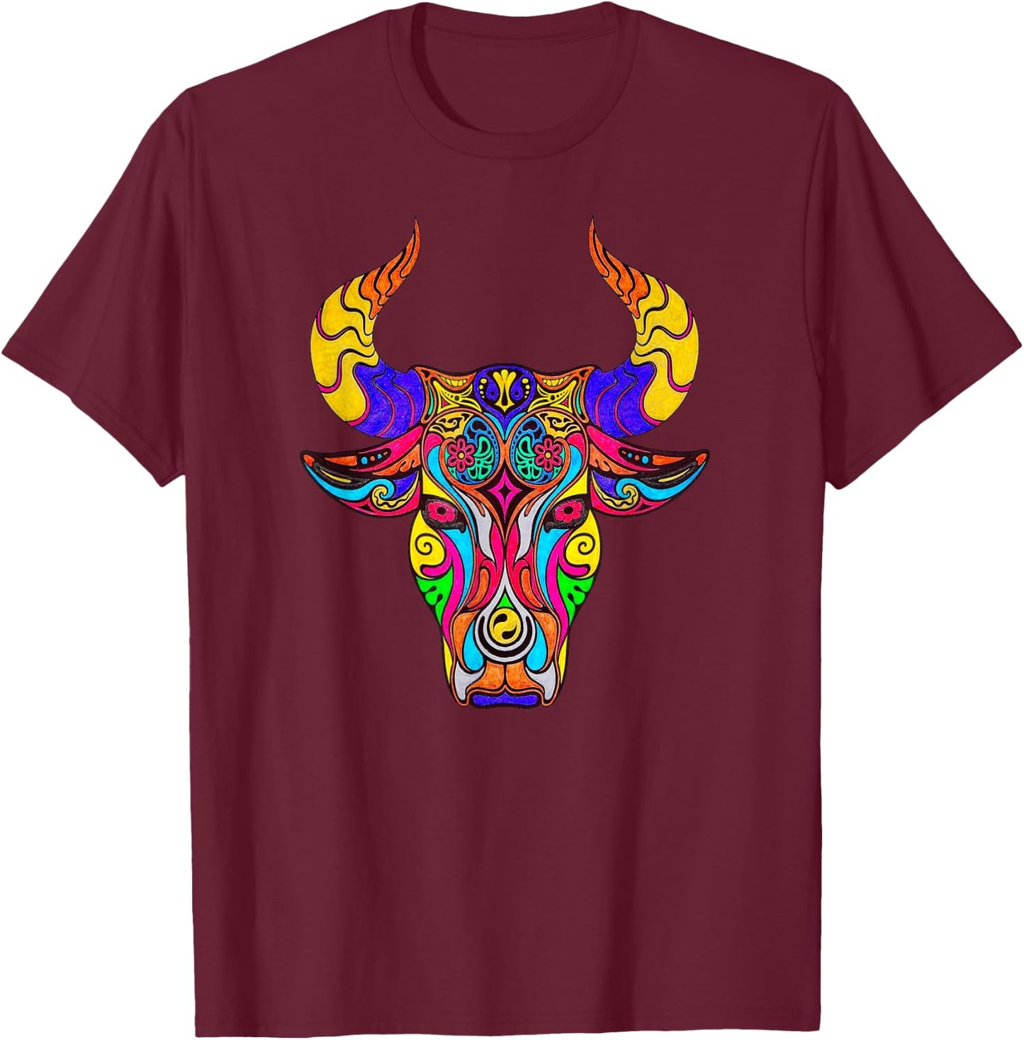 Multi Color Mosaic Bull Design Product T-Shirt - T-Shirt | Maroon