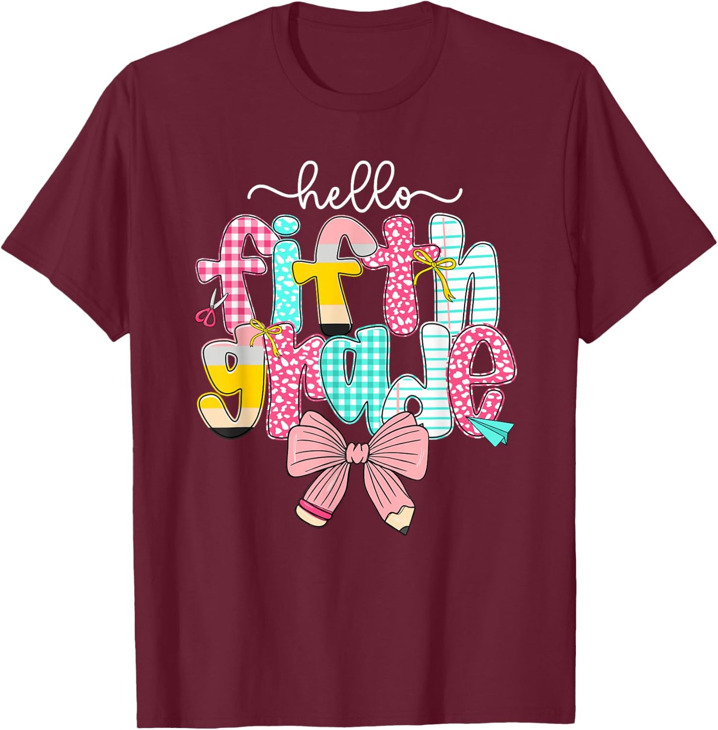 Preppy Hello 5th Grade Back to School Teacher Student Kids T-Shirt - T-Shirt | Maroon
