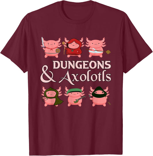 Tabletop Amphibian Adventurer Group Dungeons & Axolotls T-Shirt - T-Shirt | Maroon