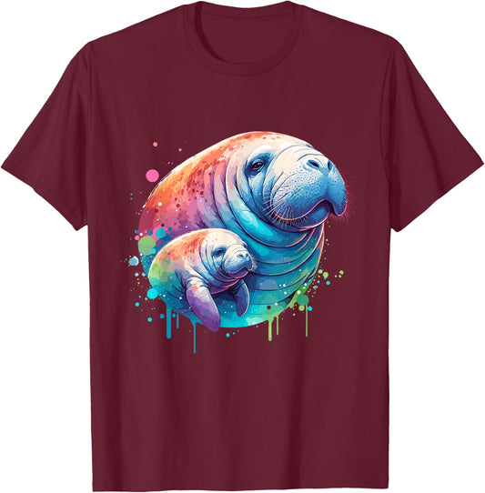 Sea Cows Manatee Mom and Baby T-Shirt - T-Shirt | Maroon