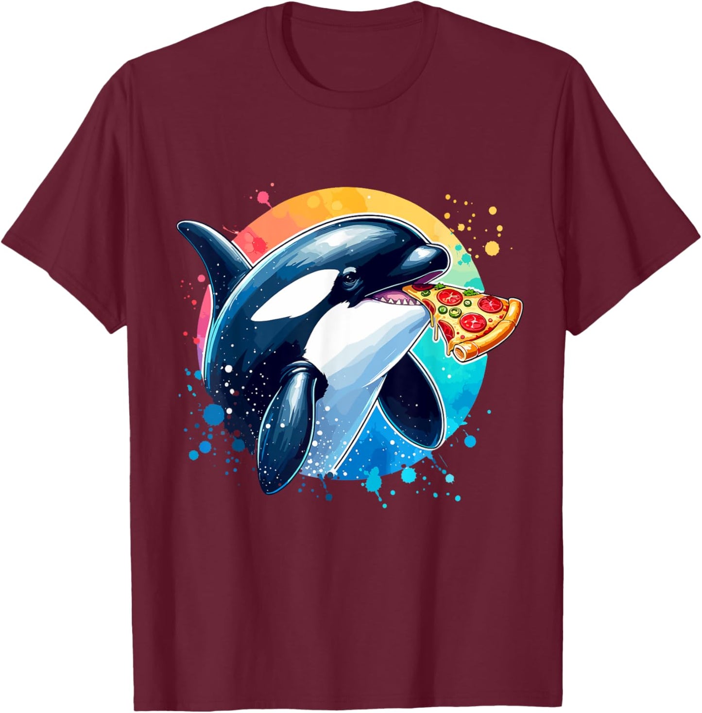 Orca Whale Eating Margherita Pizza Funny T-Shirt - T-Shirt | Maroon