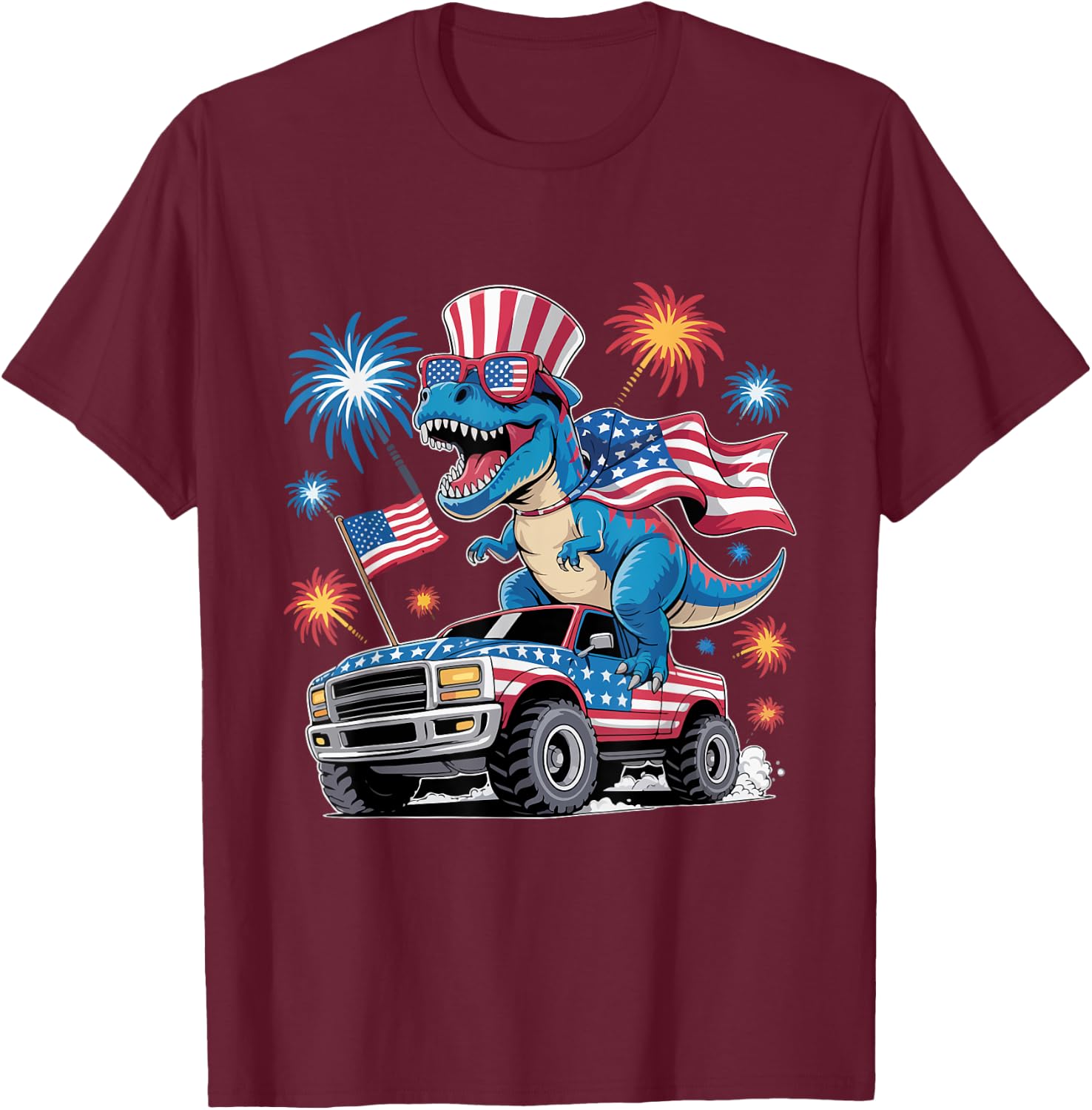 Dinosaur 4th Of July T Rex Dinosaur Truck Dino T-Shirt - T-Shirt | Maroon