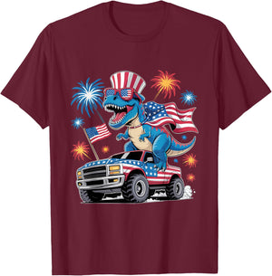 Dinosaur 4th Of July T Rex Dinosaur Truck Dino T-Shirt - T-Shirt | Maroon