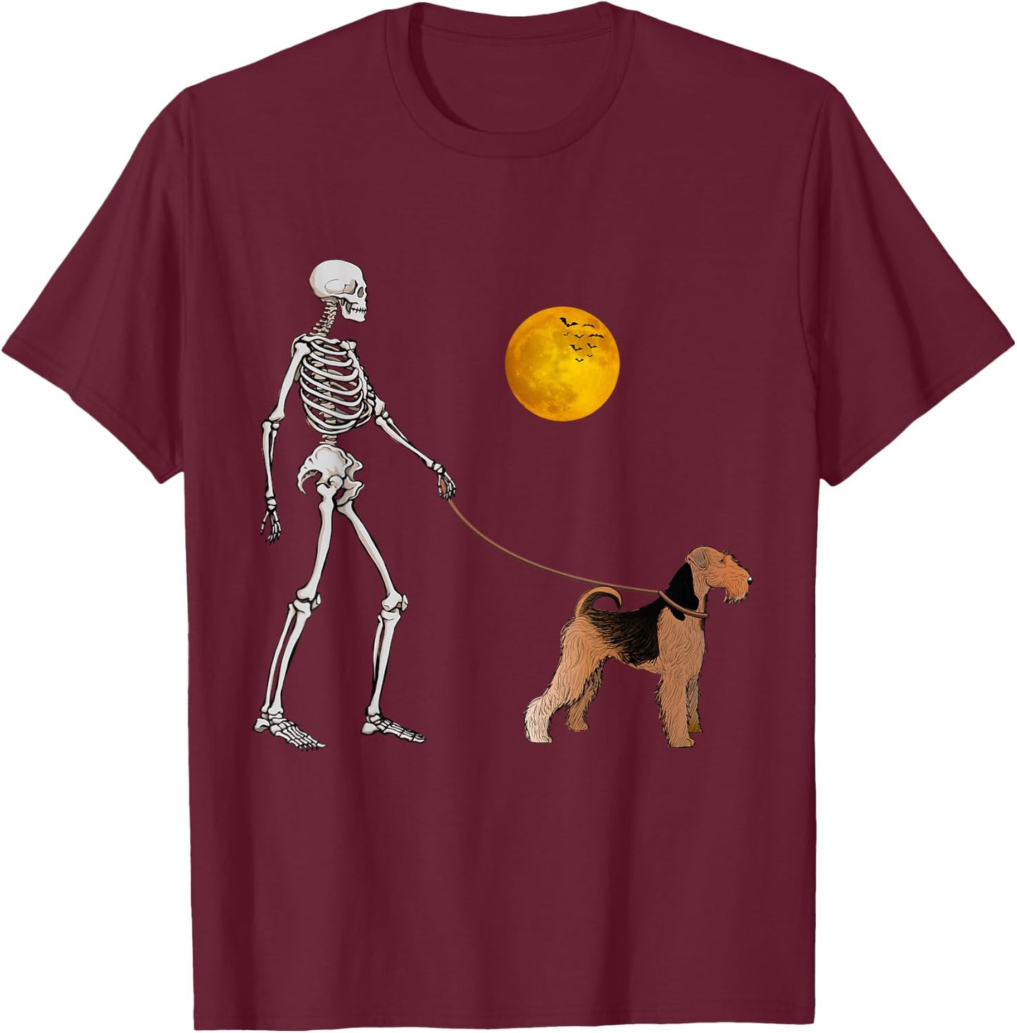 Airedale Terrier Skeleton Dog Walking Halloween Costume T-Shirt - T-Shirt | Maroon