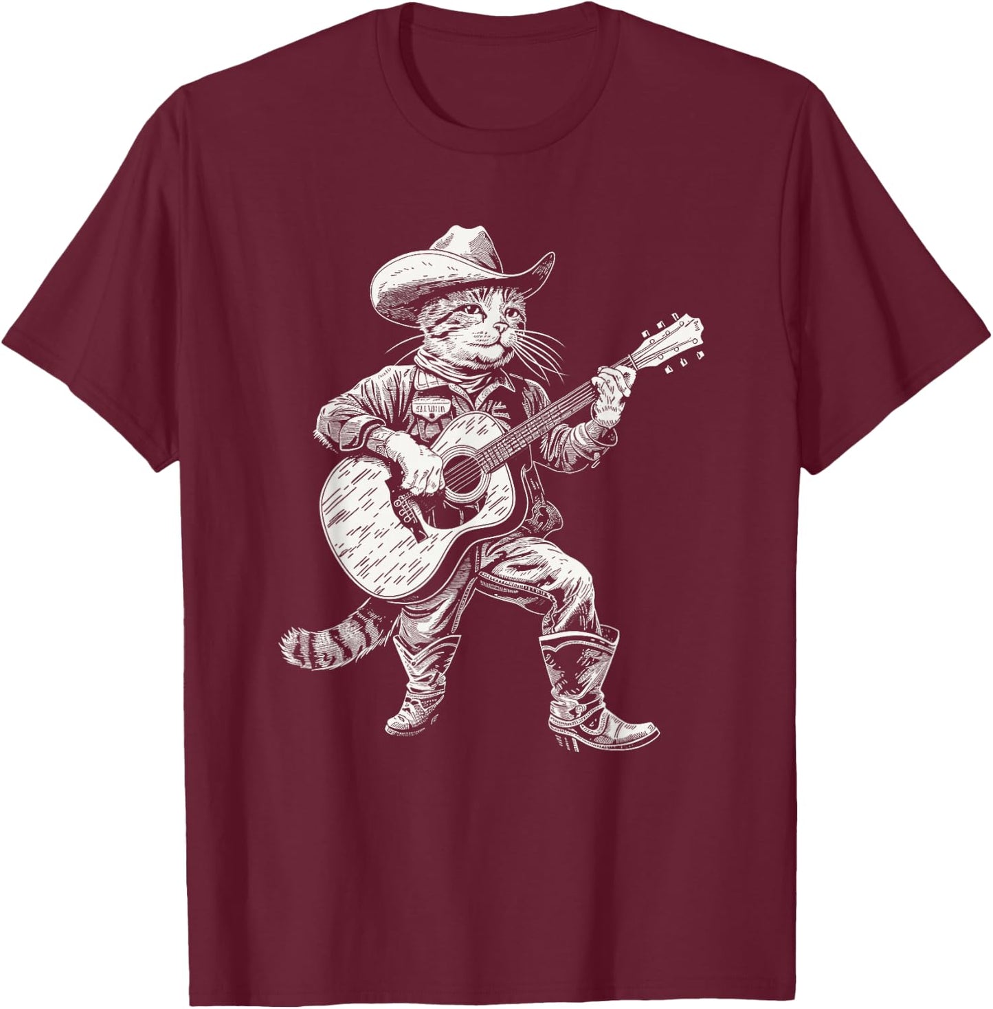 Cowboy Cat Playing Guitar Funny Country Music Loving Cat T-Shirt - T-Shirt | Maroon