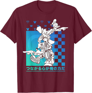 Disney Kingdom Hearts Sora Donald Goofy Kanji Checkerboard T-Shirt - T-Shirt | Maroon