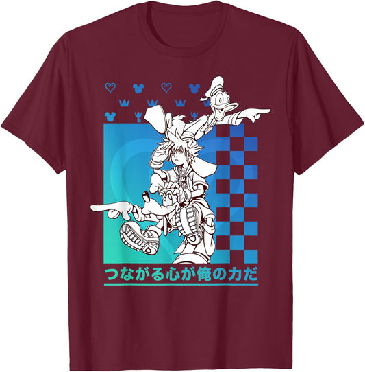 Disney Kingdom Hearts Sora Donald Goofy Kanji Checkerboard T-Shirt - T-Shirt | Maroon