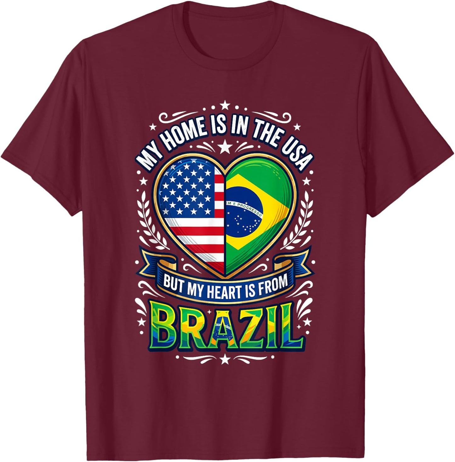 Brazilian American Flag Heritage Roots Love Brazil USA T-Shirt - T-Shirt | Maroon