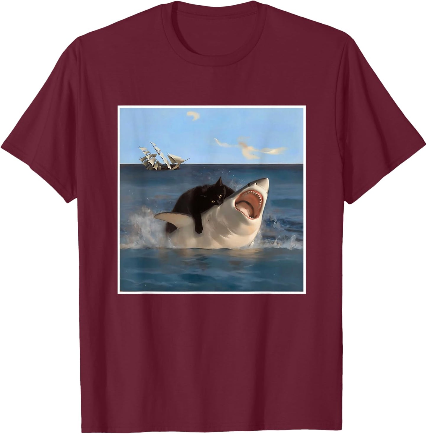 Funny Art & Cat Lover Quote Cat Biting Shark Cool Fat Cat T-Shirt - T-Shirt | Maroon