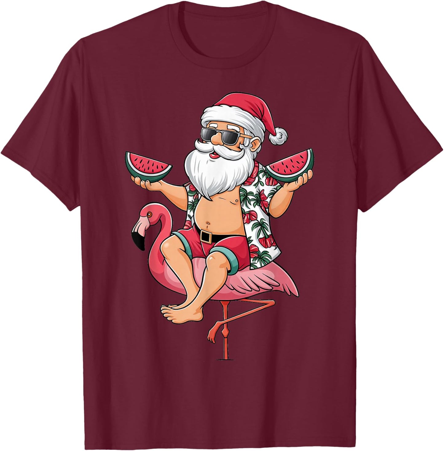Santa Flamingo Floatie Christmas In July Watermelon Summer T-Shirt - T-Shirt | Maroon