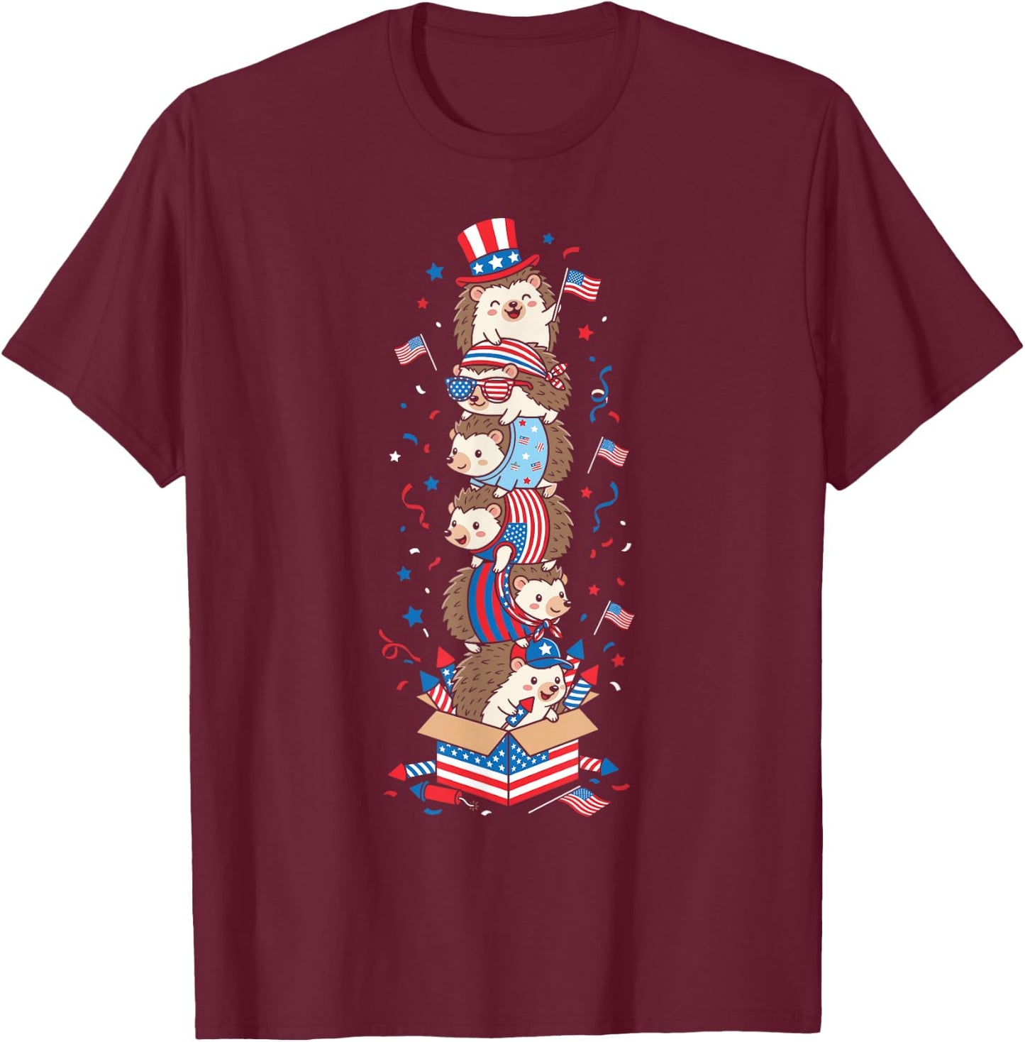 Funny Hedgehog American USA Flag Memorial Day 4th of July T-Shirt - T-Shirt | Maroon