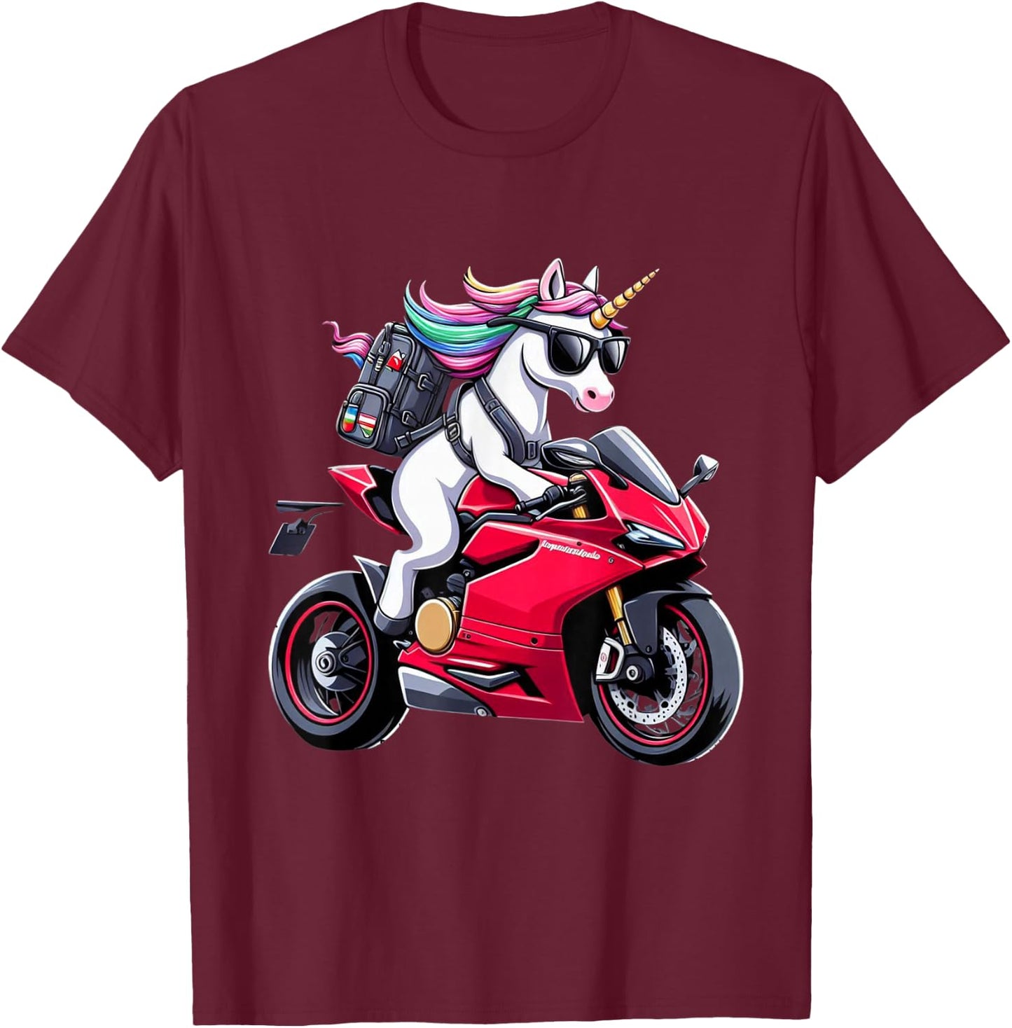 Unicorn Riding a Motorcycle for Boys, Girls, Men, Women, Kids and Adults , Black, S T-Shirt - T-Shirt | Maroon