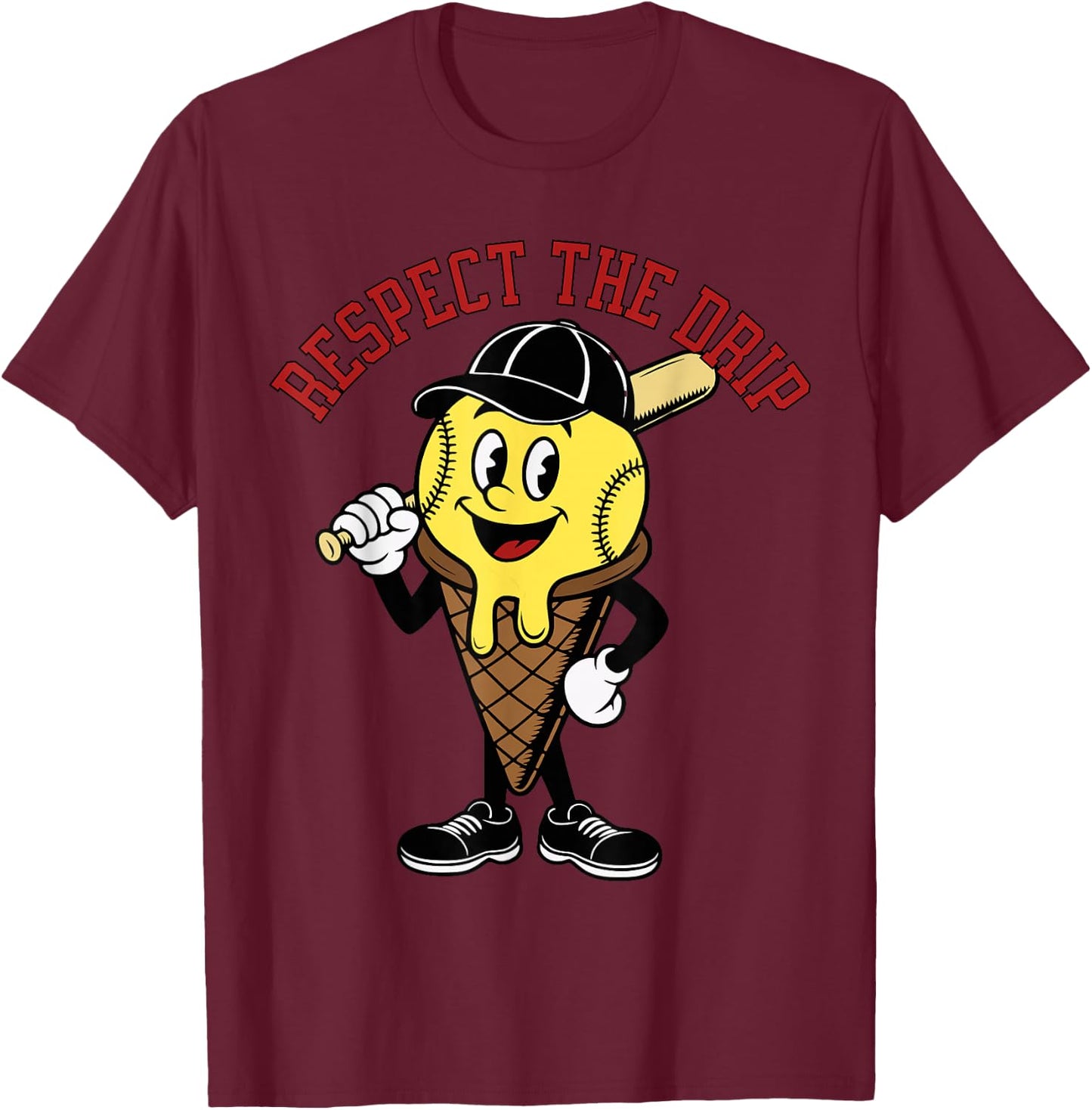 Baseball Ice Cream Drip Mascotte Retro T-Shirt - T-Shirt | Maroon