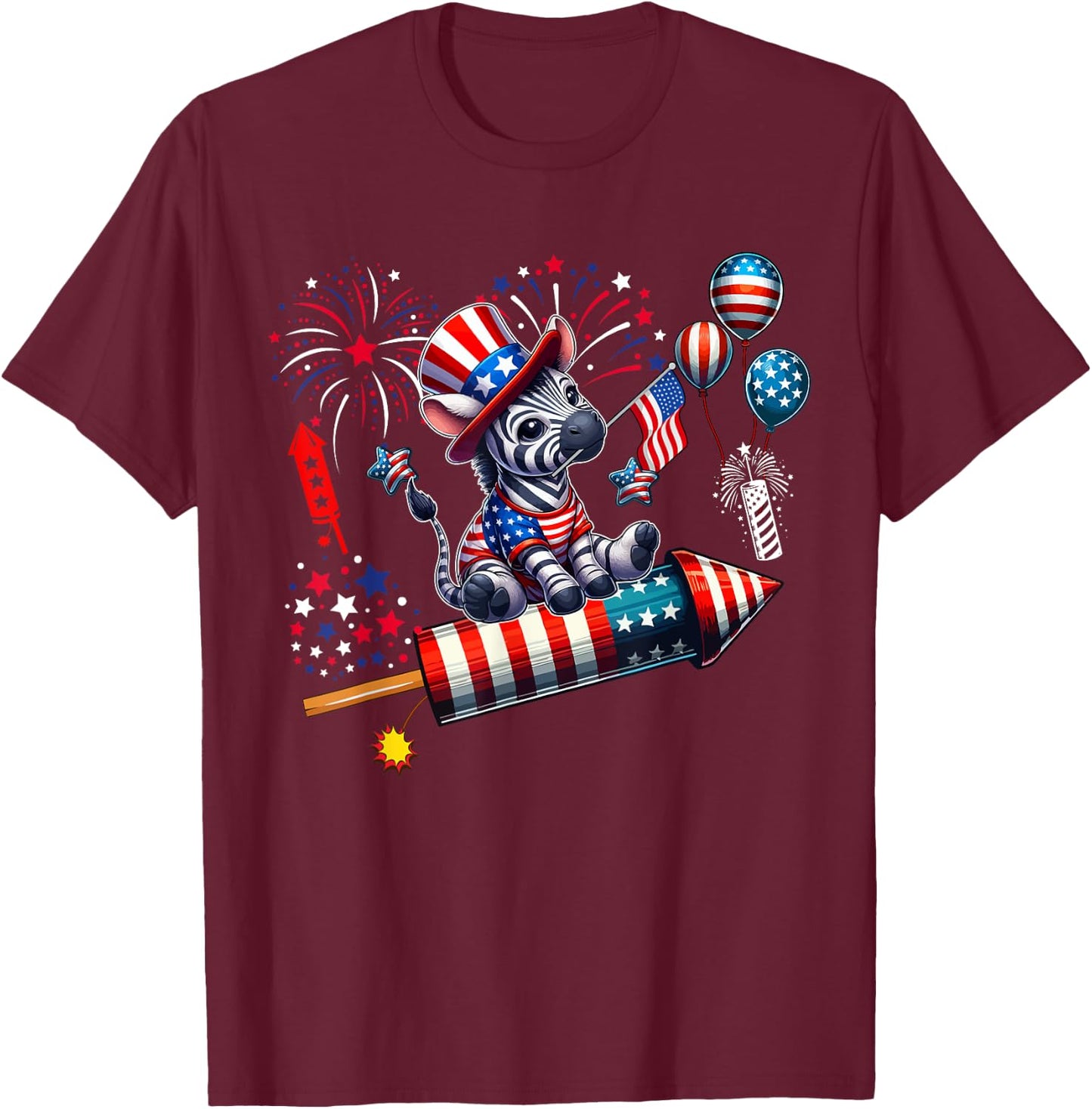 Zebra Riding Firecracker US Flag 4th Of July Fireworks Women Kids Men T-Shirt - T-Shirt | Maroon
