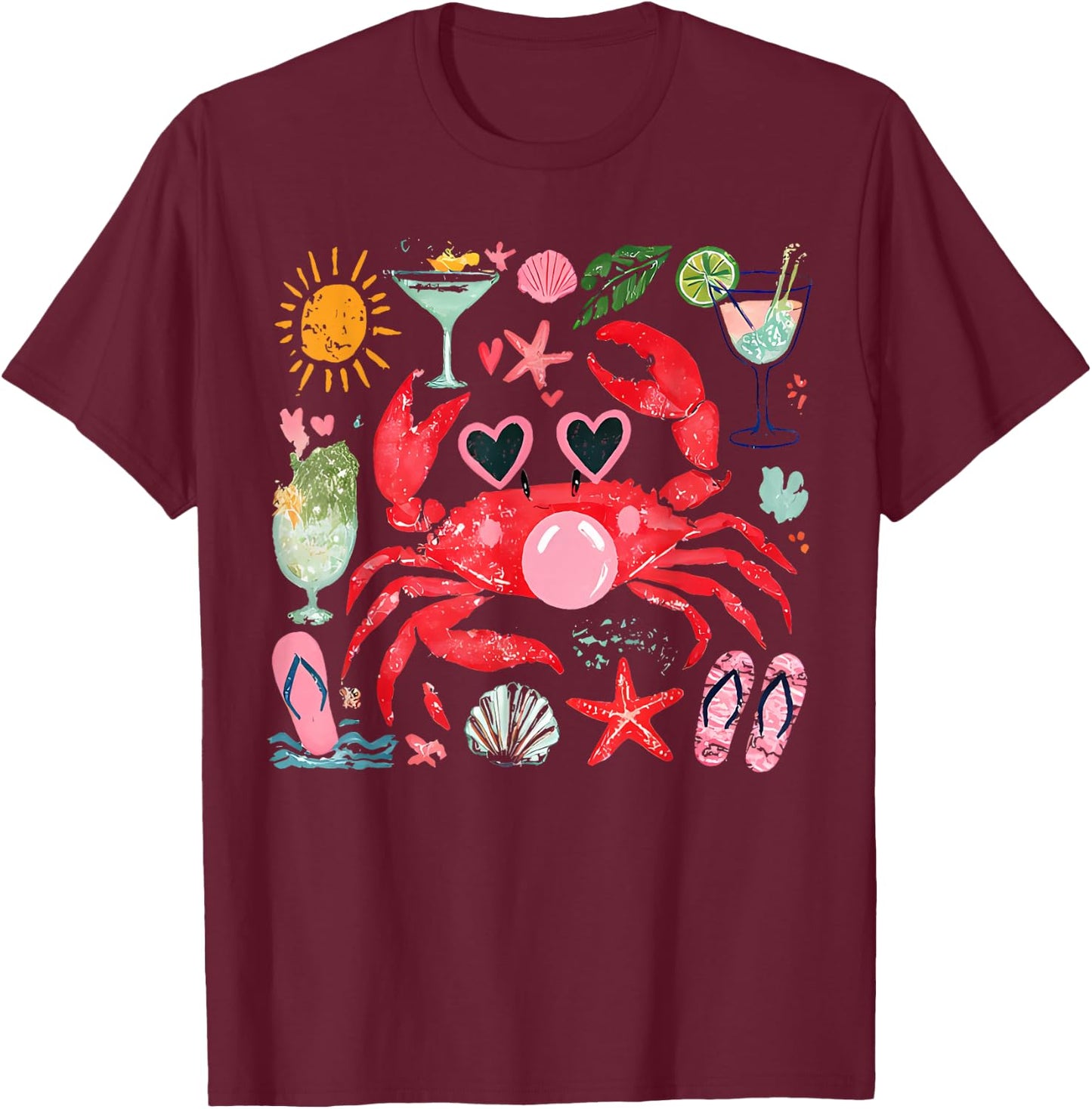 Crab Funny Crab Blowing Bubble Beach Vibes Summer Vacation T-Shirt - T-Shirt | Maroon