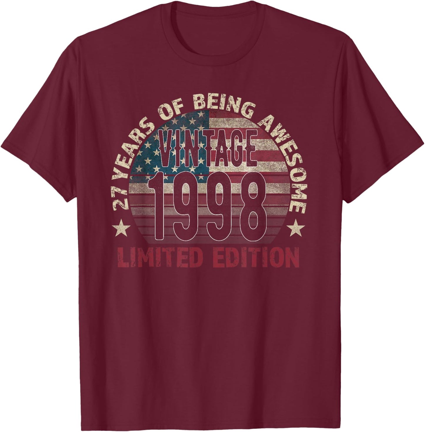 27th Birthday Gift men Vintage born 1998 turning 27 Year Old T-Shirt - T-Shirt | Maroon