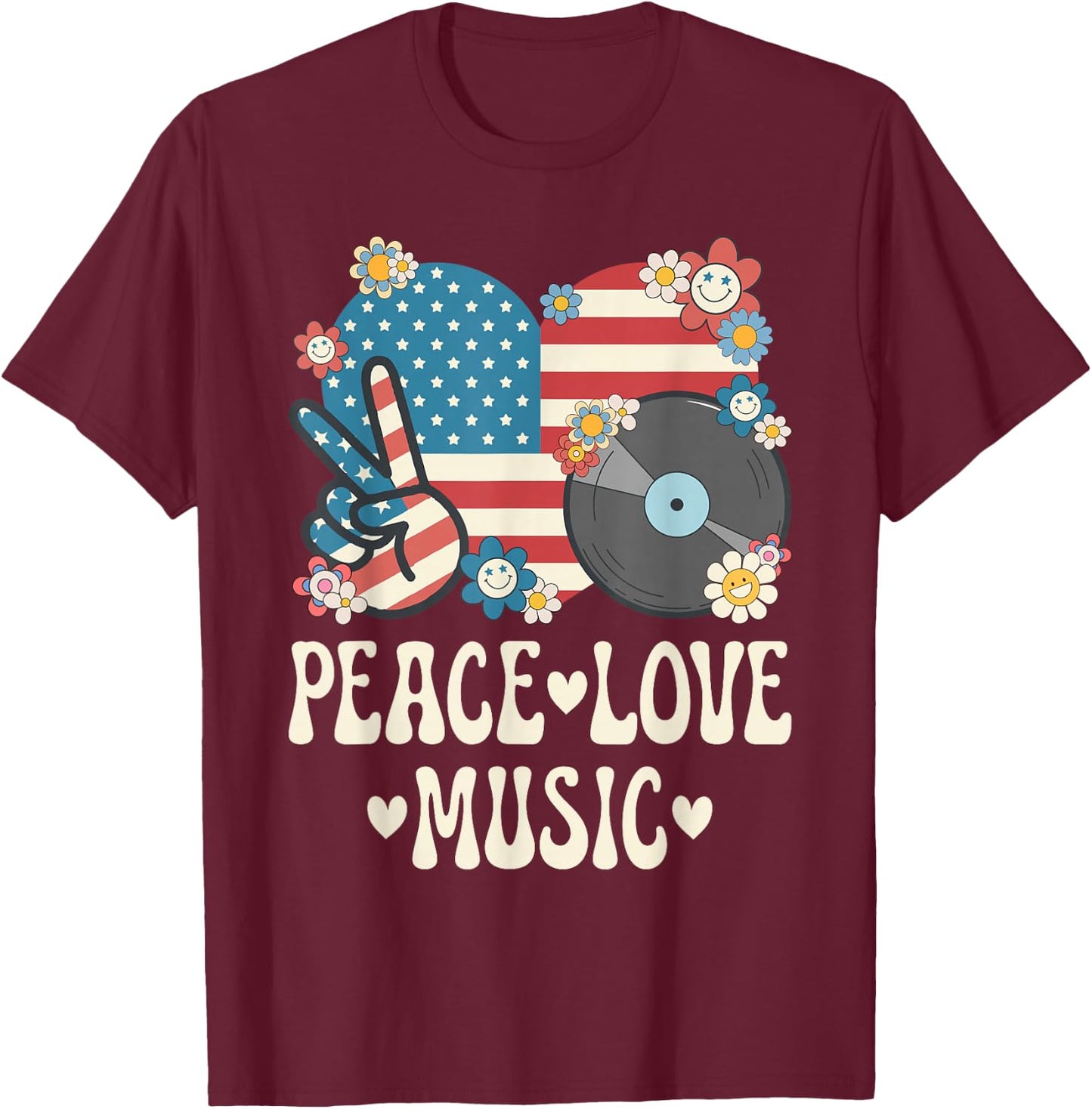 Peace Love Music American Flag Patriotic Men Women Musician T-Shirt - T-Shirt | Maroon