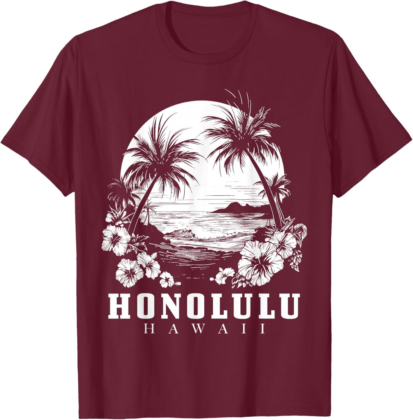 Honolulu Hawaii Hawaiian Hibiscus Flowers Surfer Souvenir T-Shirt - T-Shirt | Maroon