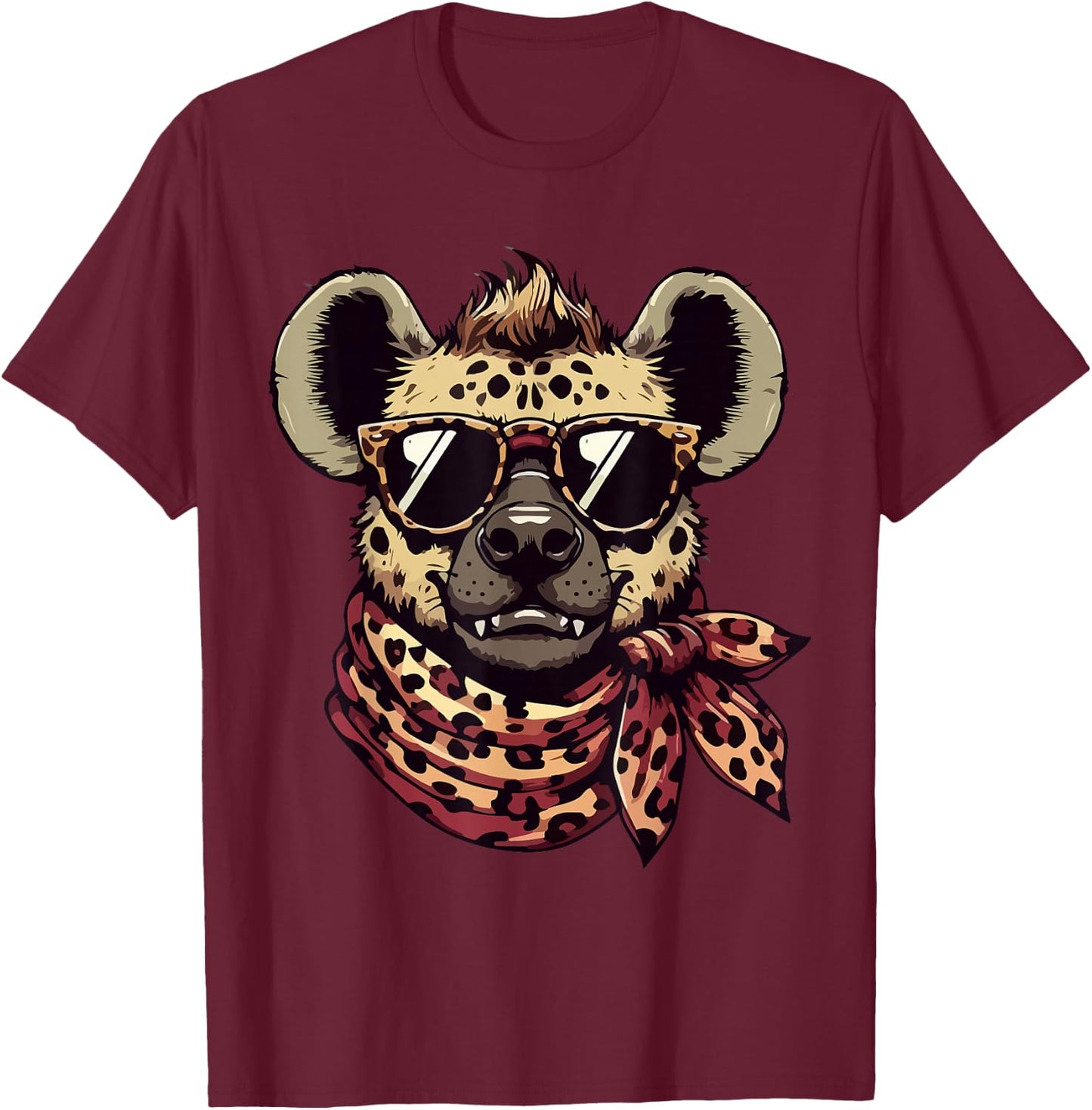 Hyena Wearing Leopard Scarf Animal Wearing Sunglasses T-Shirt - T-Shirt | Maroon