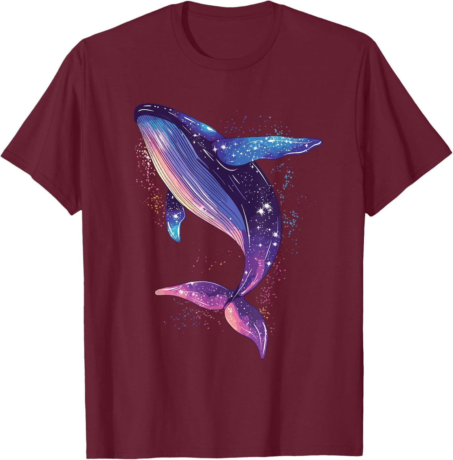 Colorful Whale in the Starry Sky , Black, S T-Shirt - T-Shirt | Maroon