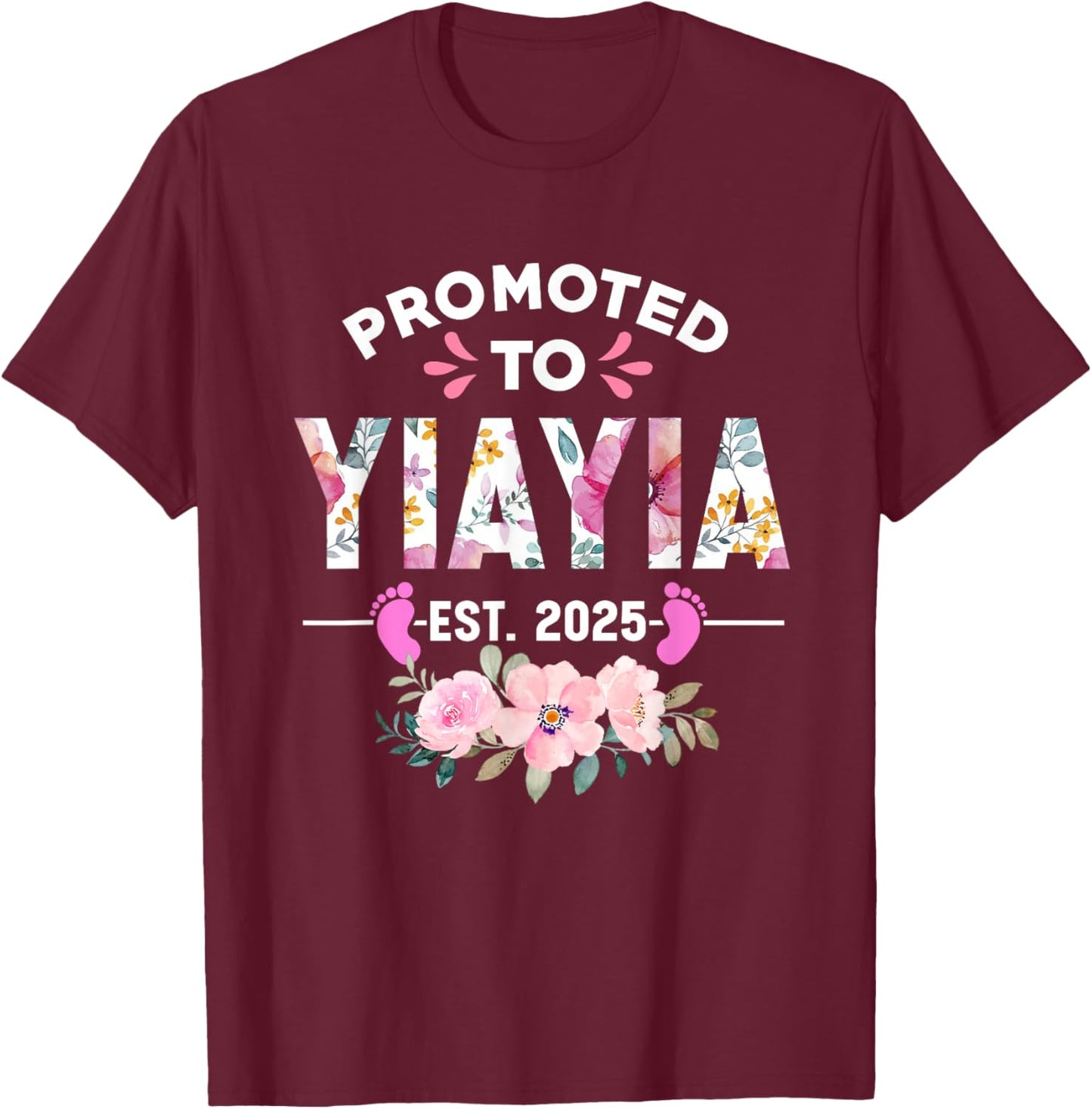 Soon to be Yiayia 2025 Mothers Day Gifts Women's Floral Letter Print Black Small Classic Fit Modern Round Neck Short Sleeve T-Shirt - T-Shirt | Maroon