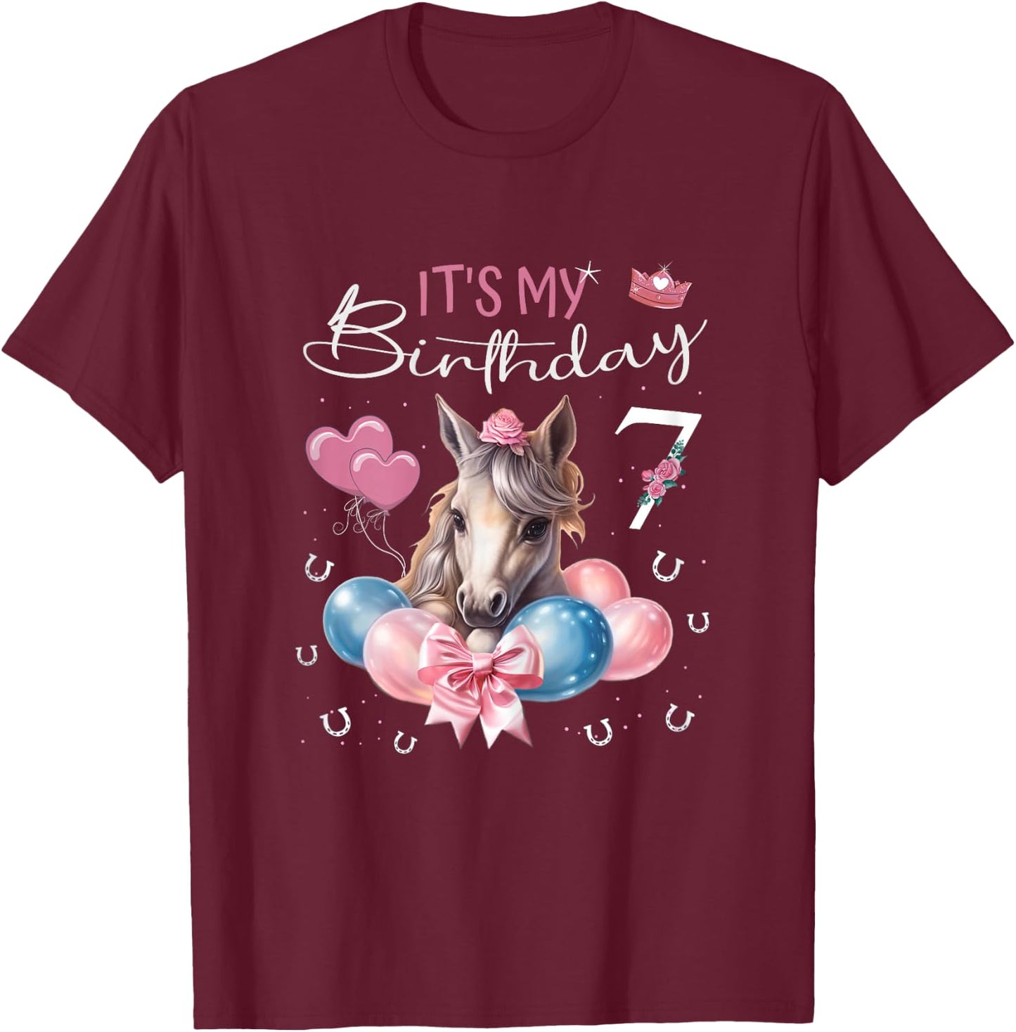 Birthday Shirt Horse Girl 7 Years - It's My Birthday , black T-Shirt - T-Shirt | Maroon