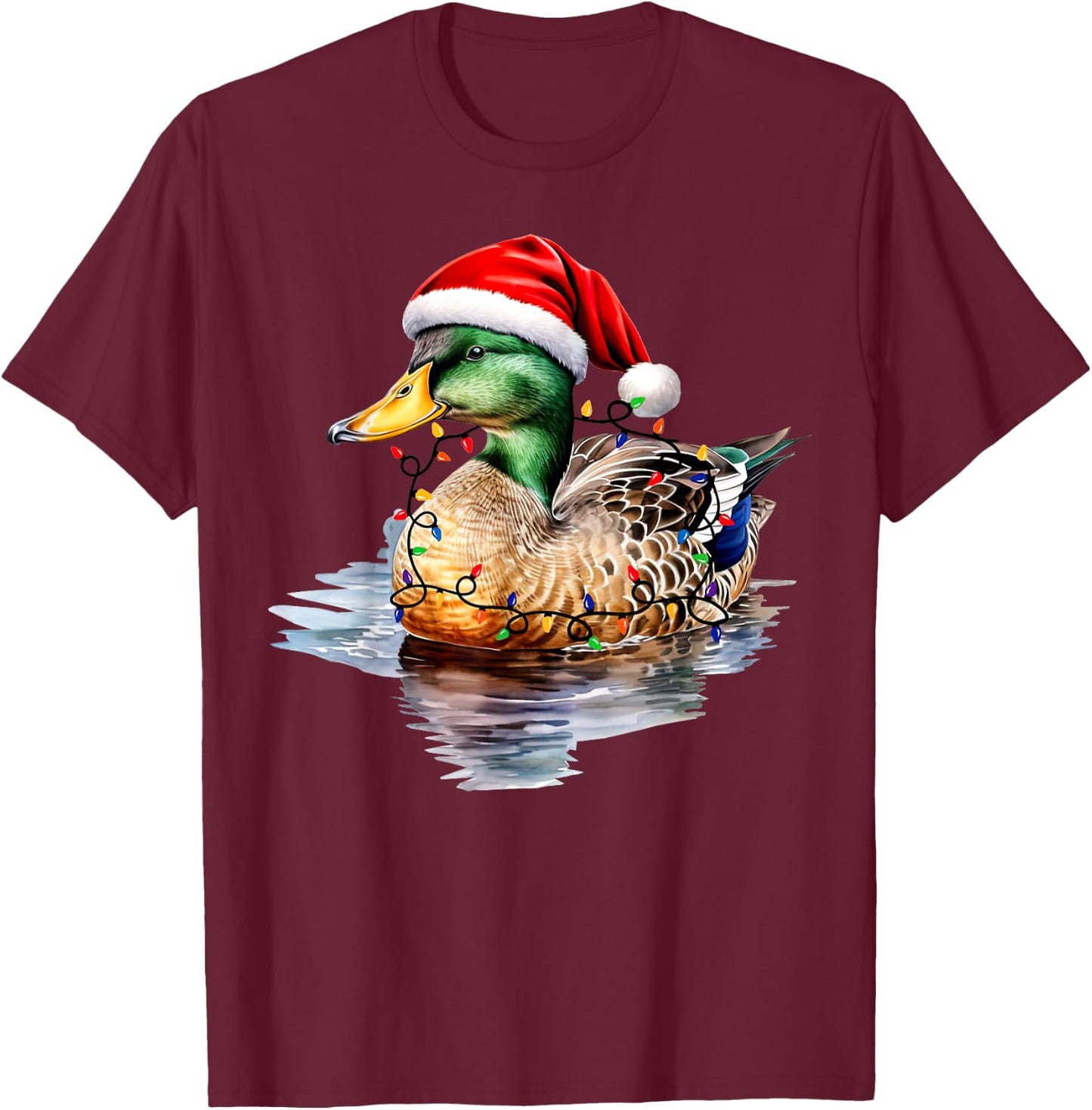 Christmas Duck Hunting Santa Xmas Light Country Mallard Duck T-Shirt - T-Shirt | Maroon