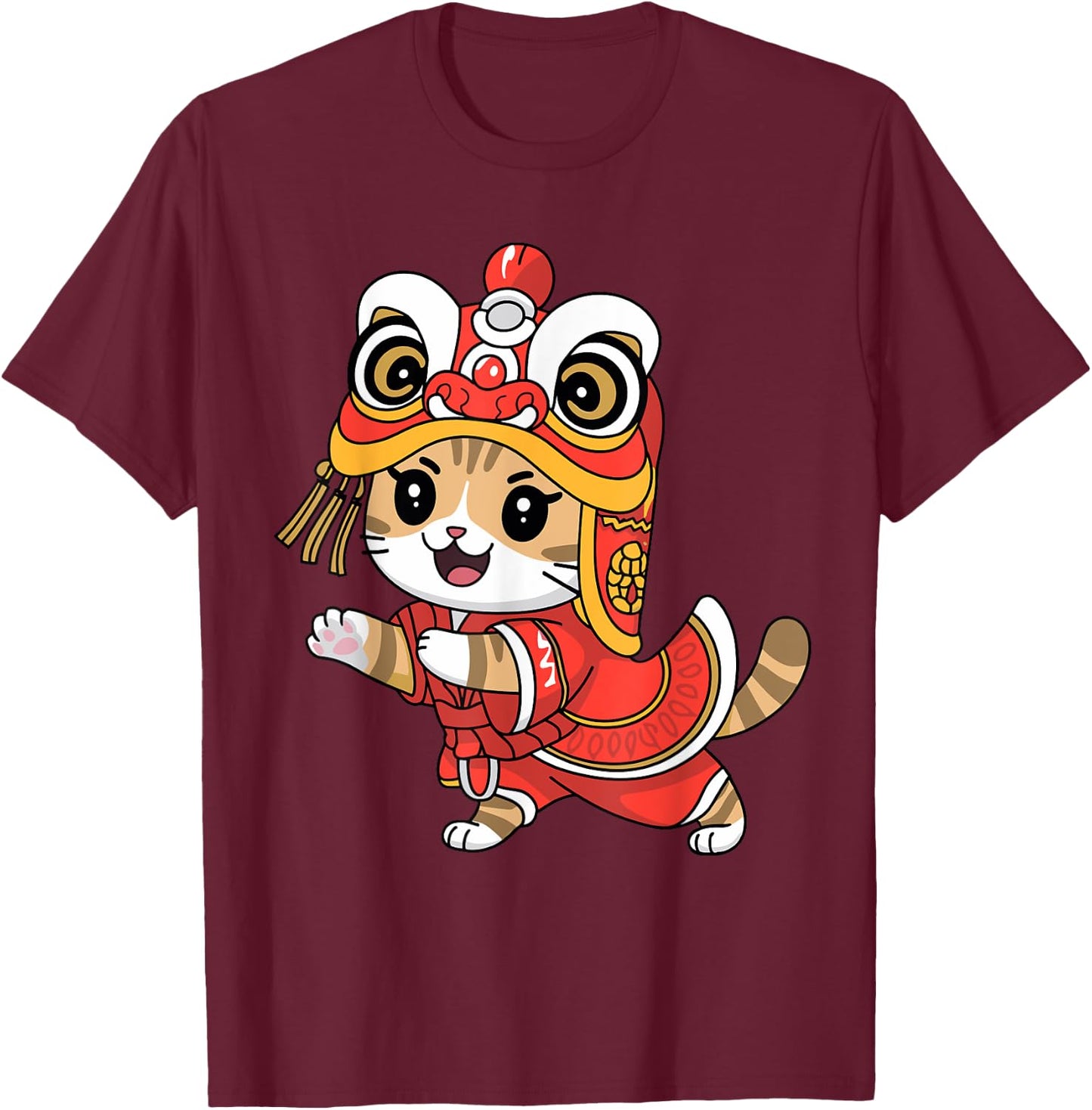 Cute Cat Happy Chinese New Year 2025 Lion Dance Celebration T-Shirt - T-Shirt | Maroon
