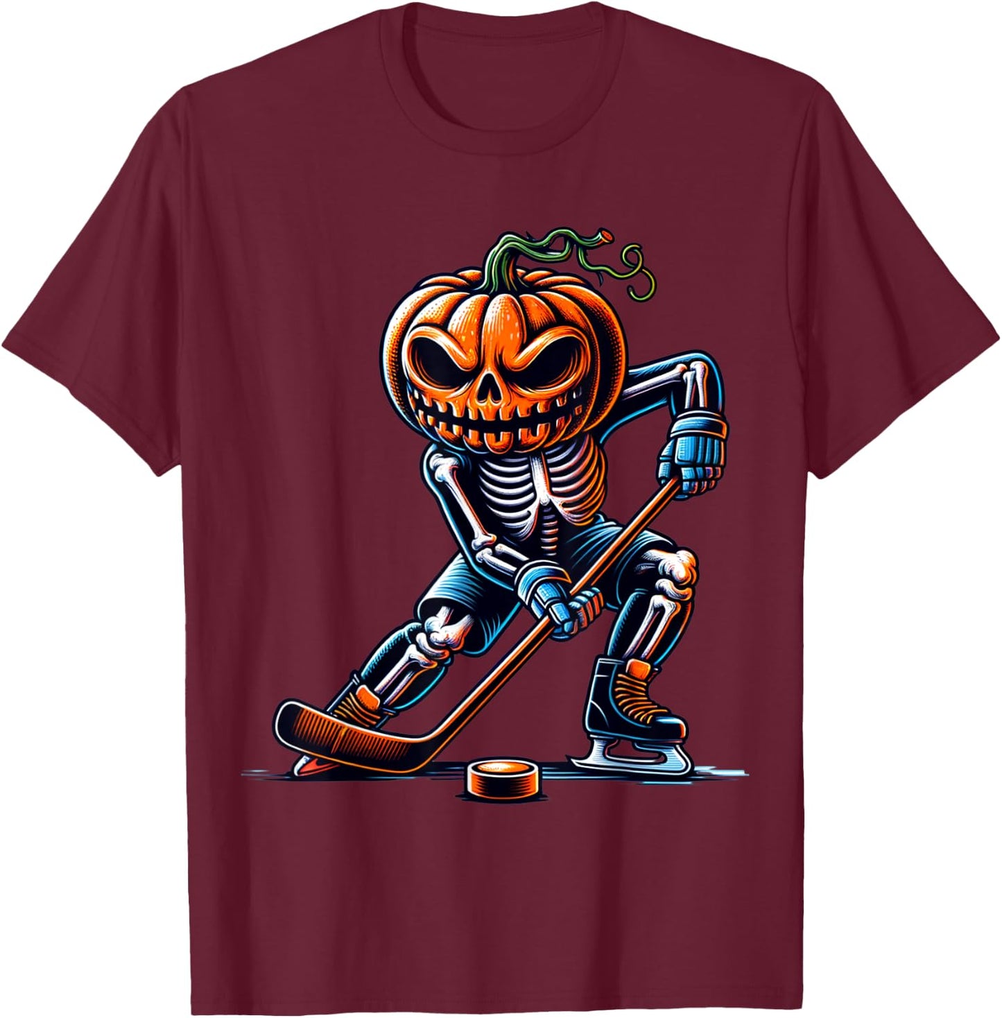 Skeleton Ice Hockey Halloween Pumpkin Hockey Boys Kids T-Shirt - T-Shirt | Maroon
