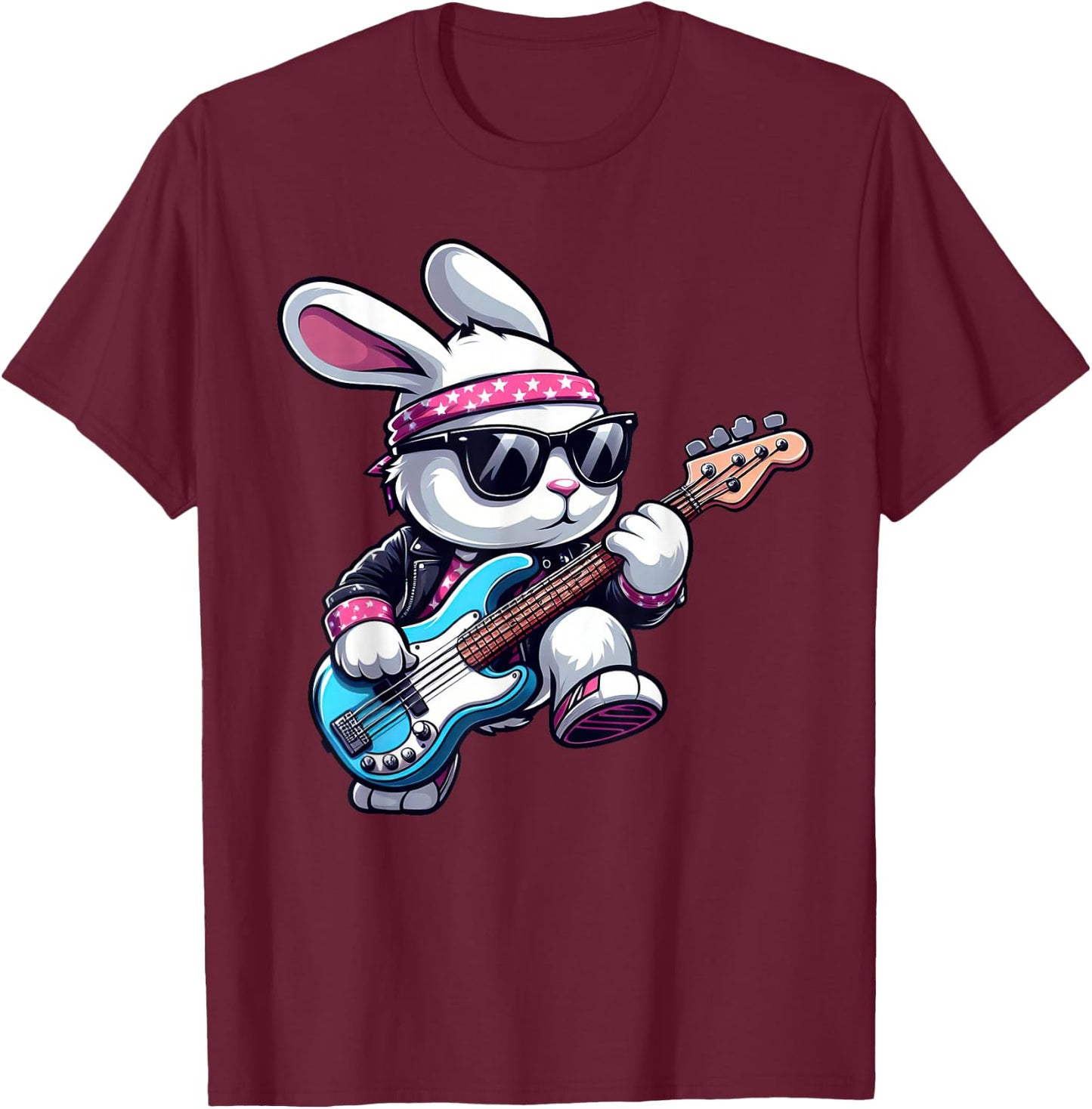 Funny Rock n Roll Bass Guitar Bunny Kids Women Men Easter , black T-Shirt - T-Shirt | Maroon
