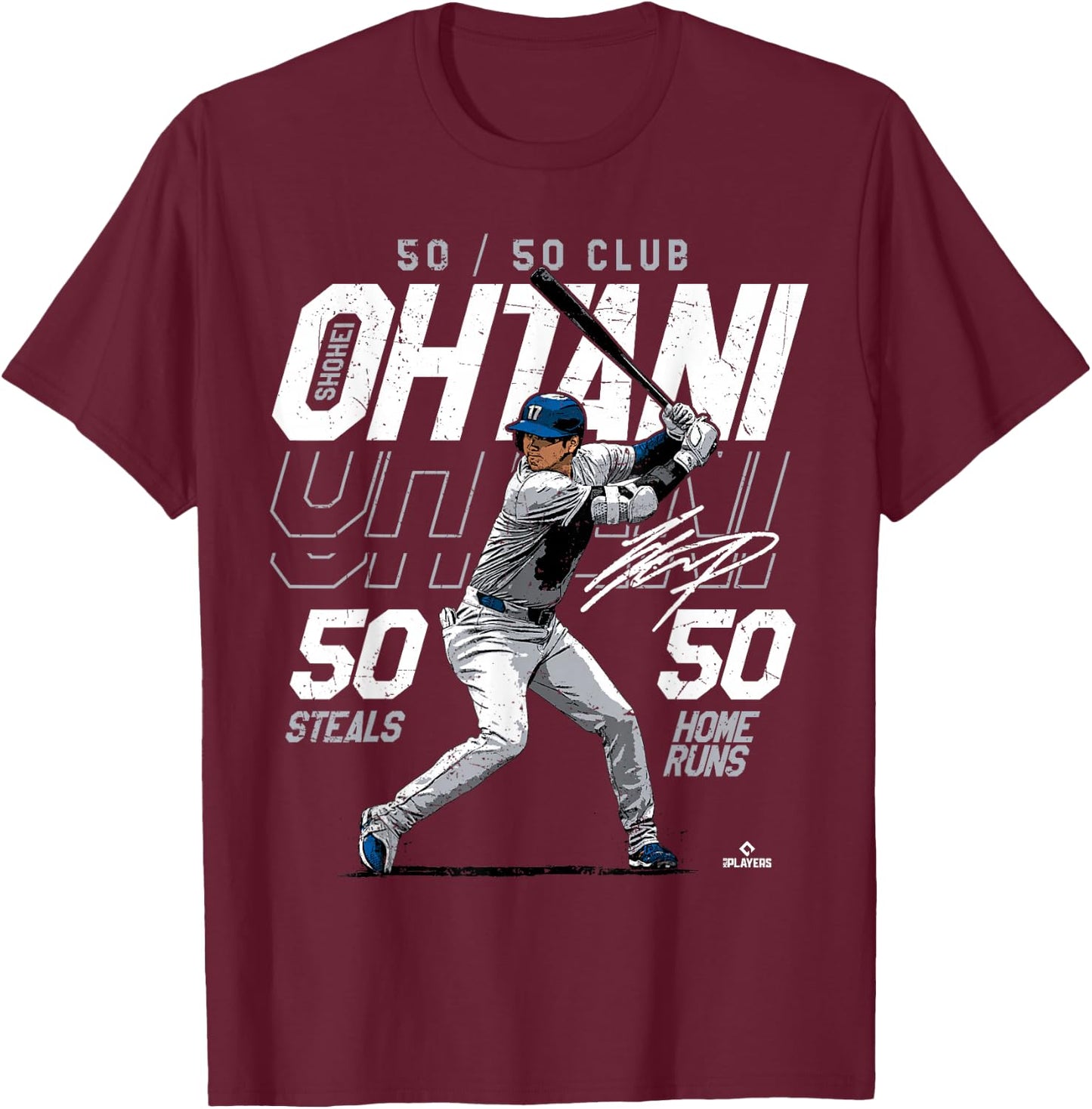Speed, Power, Ohtani 50-50 Milestone Shohei Ohtani MLBPA T-Shirt - T-Shirt | Maroon