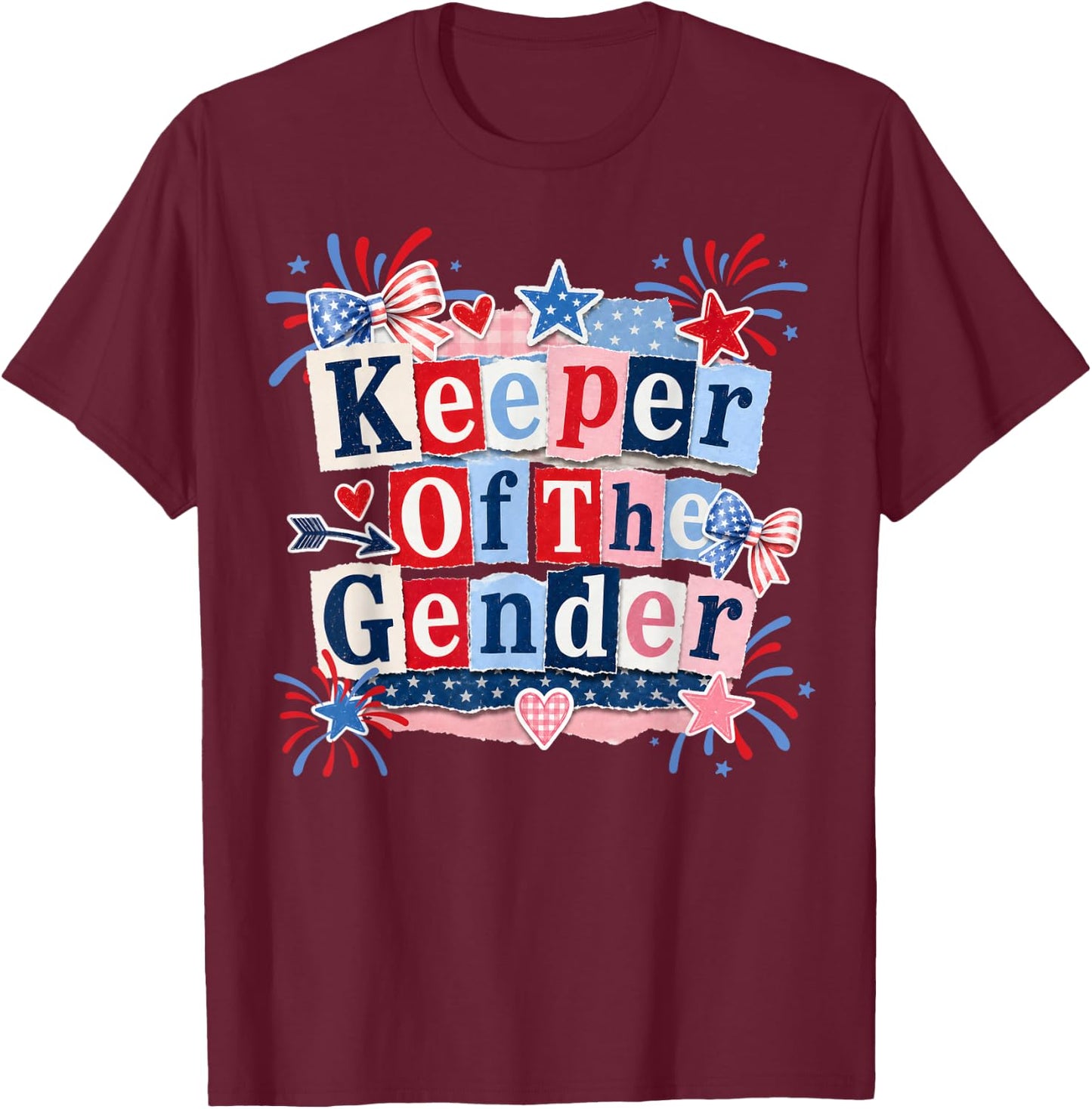 Keeper of The Gender 4th of July Bow Gender Reveal Party T-Shirt - T-Shirt | Maroon