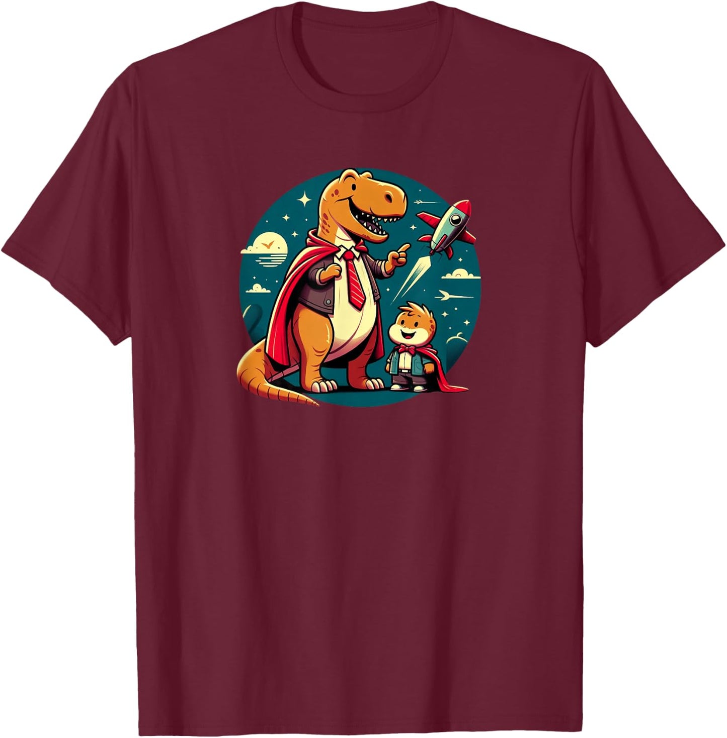 Cute Daddy Dinosaur Son Fathers Day Spaceship T-Shirt - T-Shirt | Maroon