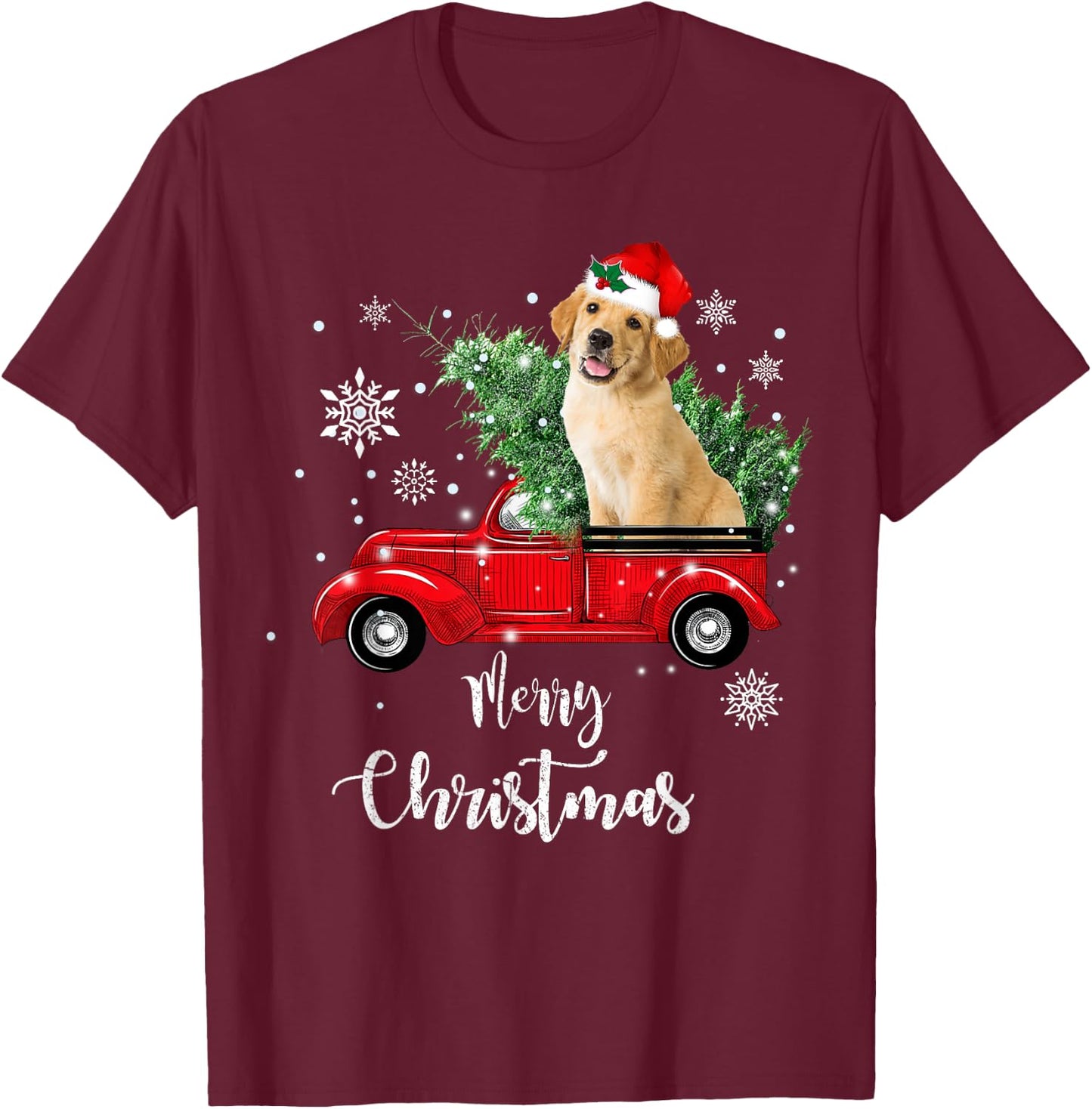 Red Truck Merry Christmas Tree Golden Retriever Christmas T-Shirt - T-Shirt | Maroon