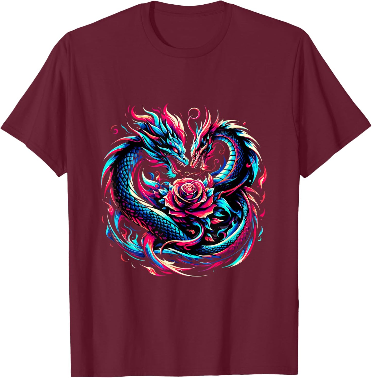 Dragon and Rose Graffiti Fantasy Edgy Art Vector T-Shirt - T-Shirt | Maroon
