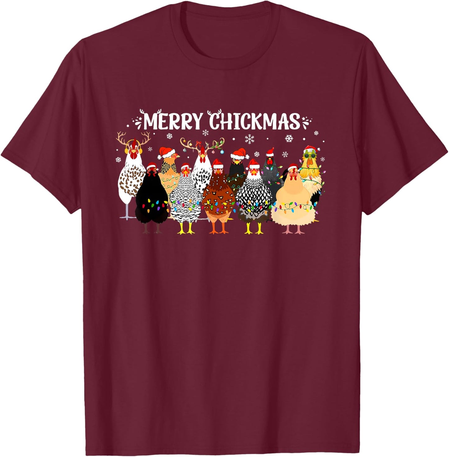 Merry Chickmas Chicken Farmer Santa Hat Xmas Light Women Men T-Shirt - T-Shirt | Maroon