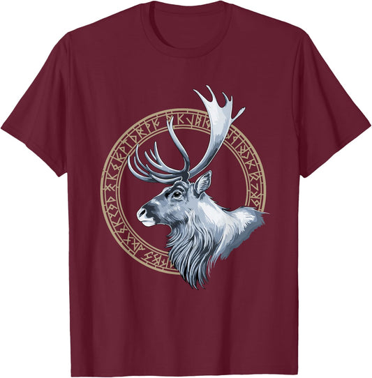 Reindeer Nordic Viking Letters Runic Deer Elk Buck T-Shirt - T-Shirt | Maroon