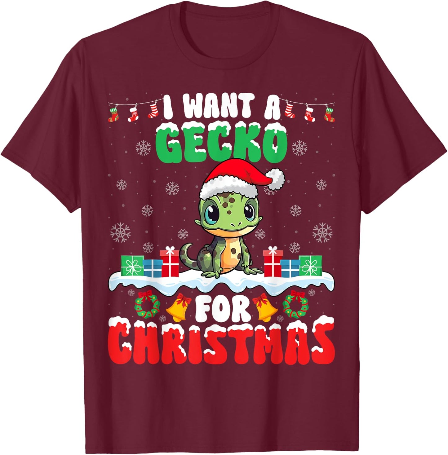 I Want Gecko for Christmas - Reptile Gecko Lover Santa Xmas T-Shirt - T-Shirt | Maroon