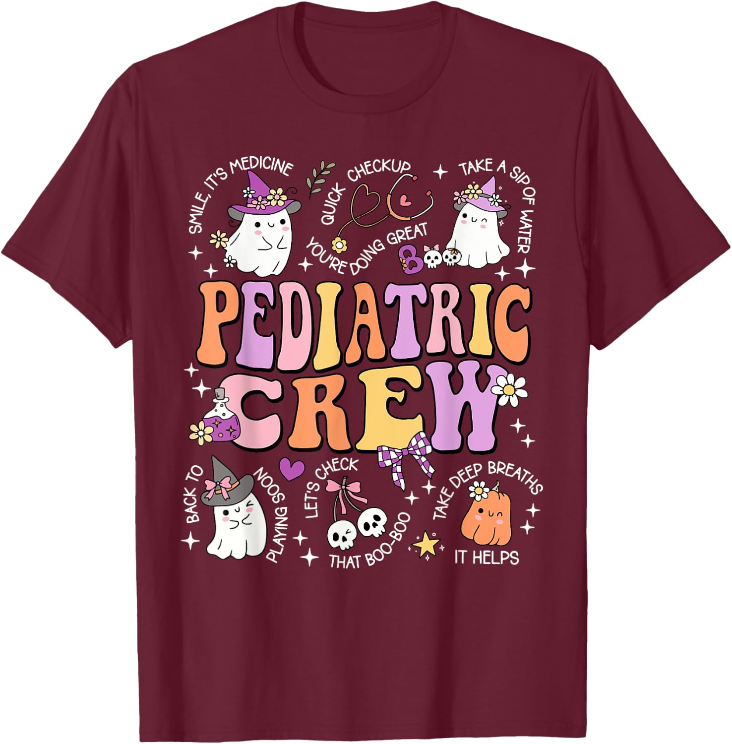 Retro Pediatric Crew Ghost Spooky Peds Nurse Halloween T-Shirt - T-Shirt | Maroon